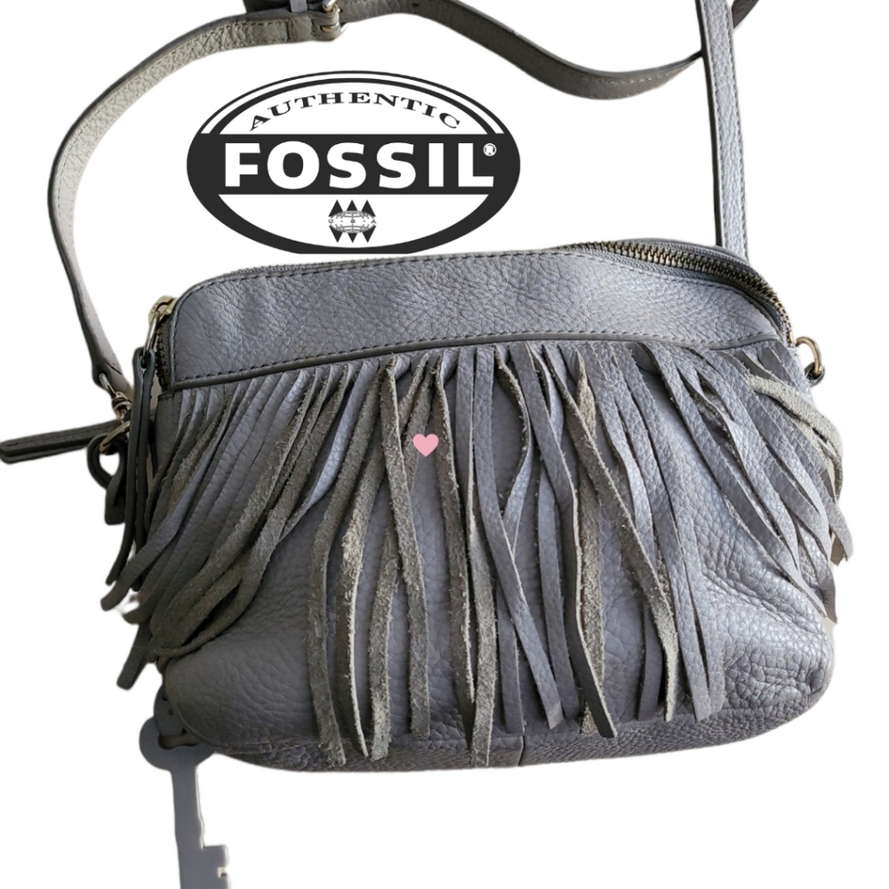 Fossil Gray Fringe Leather Crossbody Bag